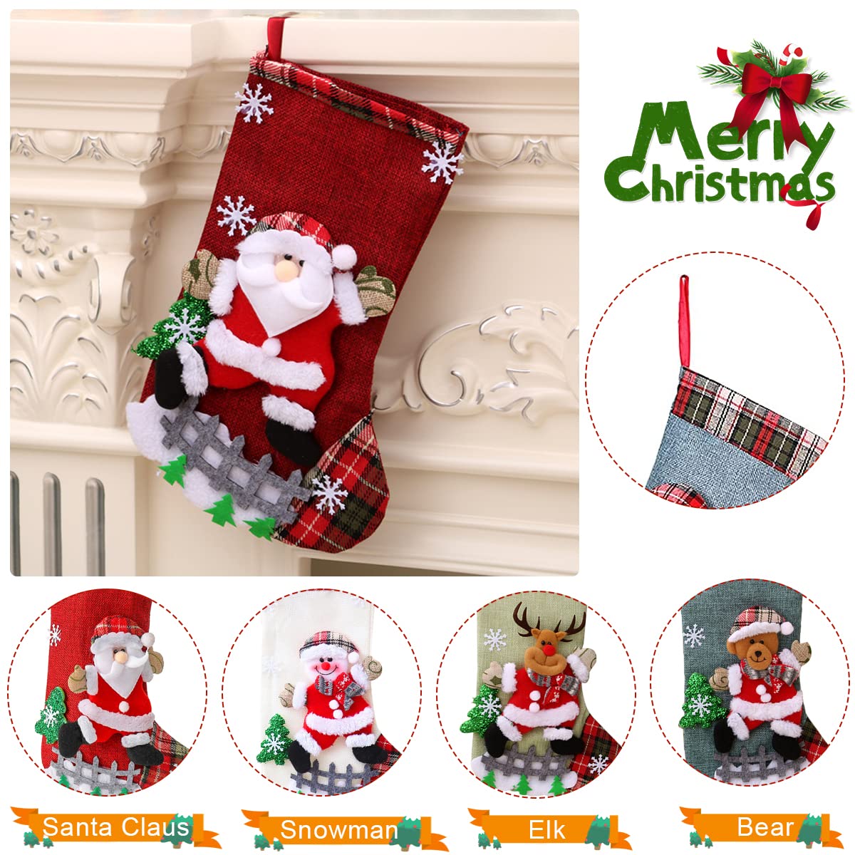 HASTHIP® Set of 4 Christmas Decorations Stocking, 10 inch Linen Christmas Gift Stocking, Hanging Christmas Stockings Set Christmas Stocking Christmas Stocking for Window, Christmas Socks