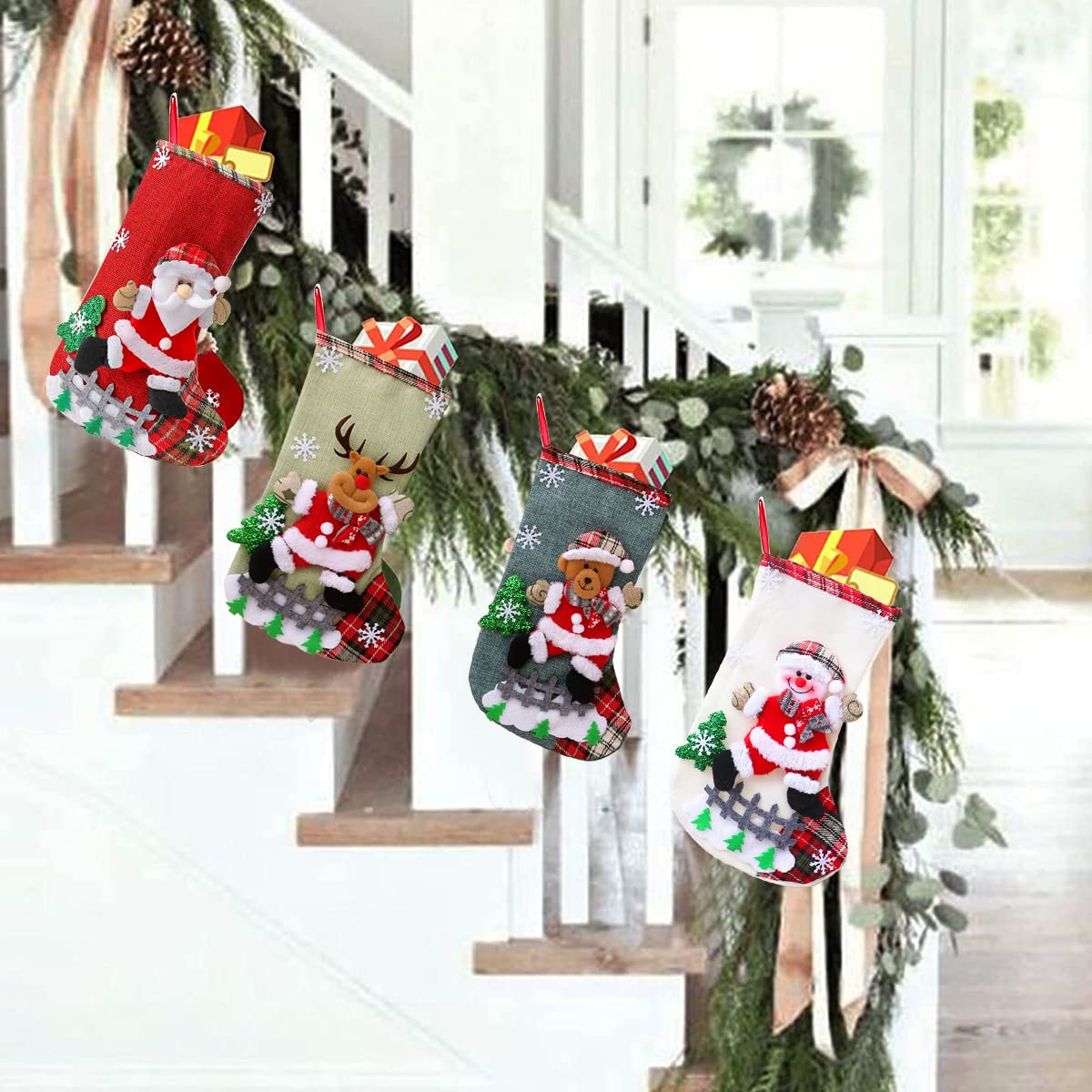 HASTHIP® Set of 4 Christmas Decorations Stocking, 10 inch Linen Christmas Gift Stocking, Hanging Christmas Stockings Set Christmas Stocking Christmas Stocking for Window, Christmas Socks