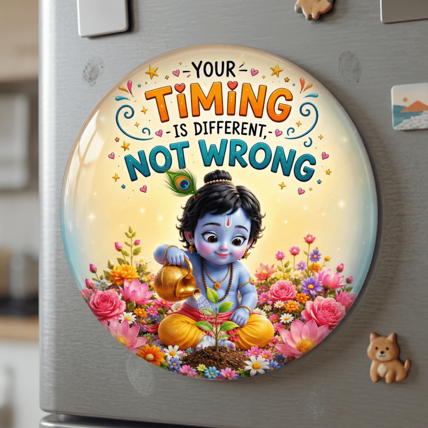 baby-krishna-your-timing-is-different-not-wrong-fridge-magnet-1