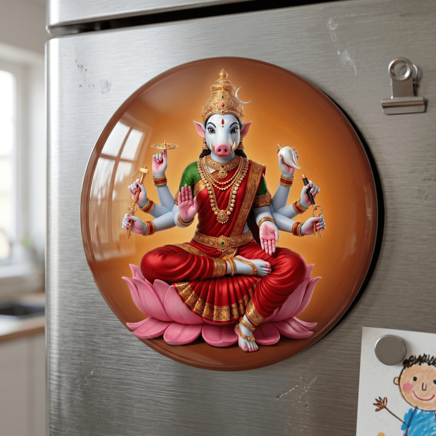 handcrafted-lifelike-goddess-varahi-round-fridge-magnet-70mm-multicolour-glossy-metal-1_2