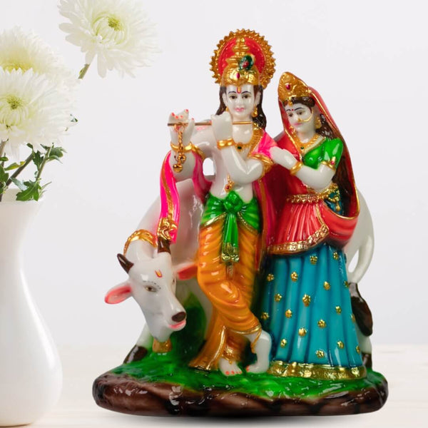 RADHA KRISHNA STATUE WITH COW IN MARBLE DUST, POLY RESIN- 28 CM HEIGHT